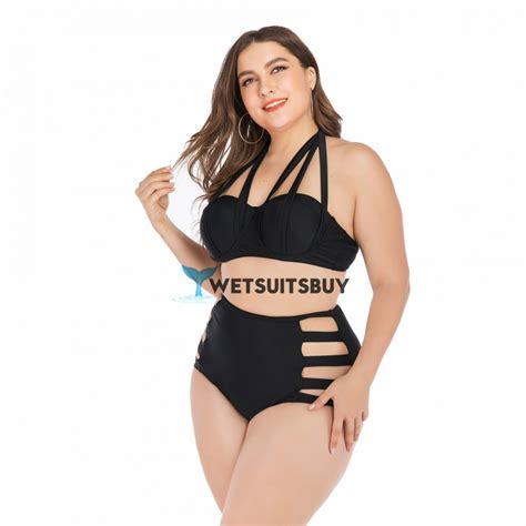 Sexy Black Plus Size Bikini Hollow Halter Top Swimsuit