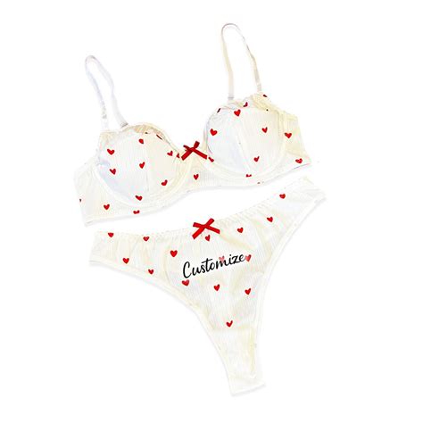 Customized Heart Lingerie Set White Ribbed Bralette And Underwear Set With Hearts Personalized