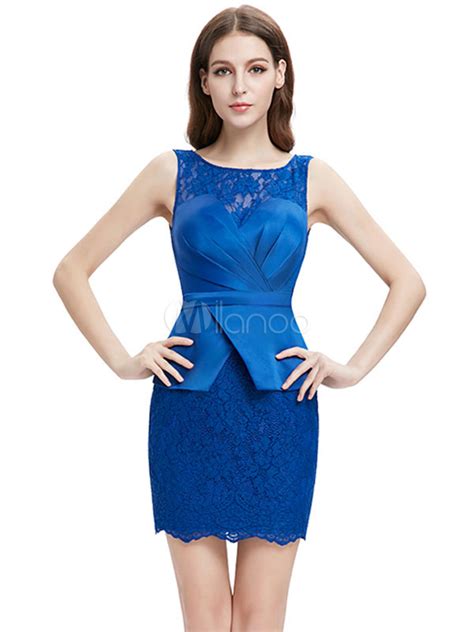 Royal Blue Cocktail Dress Satin Peplum Mother Of The Bride Dress Jewel Sleeveless Pleated Sheath