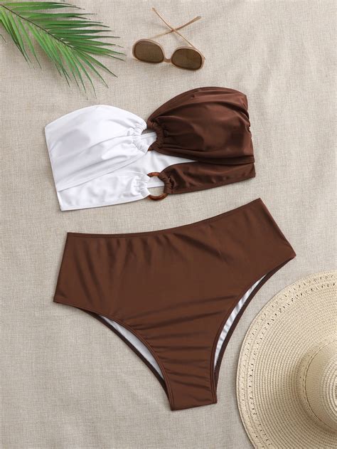 Plus Color Block Ring Linked Bandeau Bikini Swimsuit