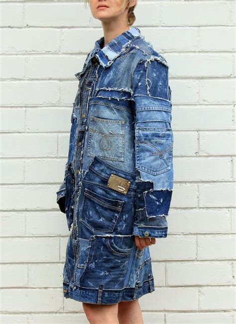 Custom Denim Jacket Ripped Patchwork Jeans Coat Long Etsy Long