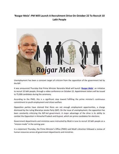 PPT Rozgar Mela PM Will Launch A Recruitment Drive On October 22 To