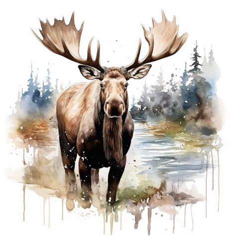 Premium Ai Image Painting Of A Moose Standing In Front Of A Body Of