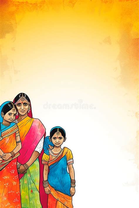 Indian Mother Smiling With Two Children Wearing Traditional Clothing