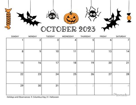 a calendar with bats and pumpkins hanging from it's sides for the month