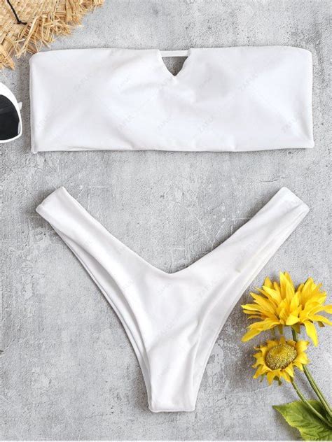 11 OFF 2021 V Cut Bandeau Thong Bikini Set In WHITE ZAFUL