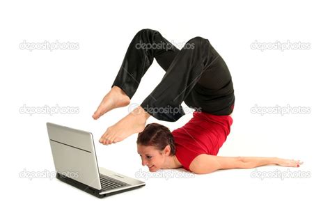 Woman doing yoga with laptop — Stock Photo © pikselstock #28274995