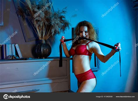 Beautiful Naked Redhead Woman Red Lingerie Posing Dark Studio Stock Photo Design Ua 413462838