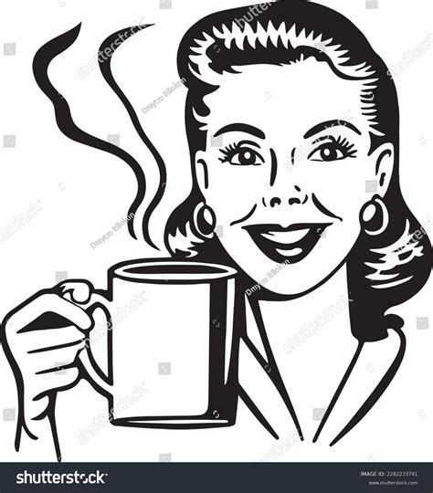 Woman Drinking Coffee Ink Black White Drawing Images Stock Photos