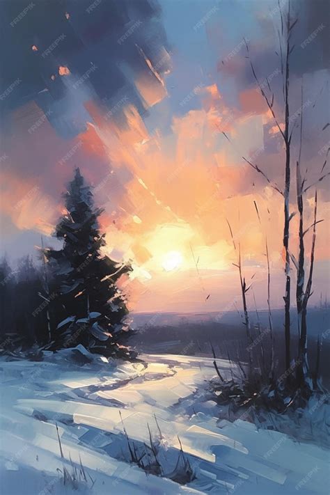 Premium AI Image | A painting of a snowy landscape with a sunset in the ...