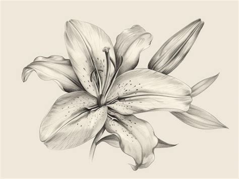 Lily Line Art Handdrawn Pencil Sketch of Victorian Lily Flower on Aged ...