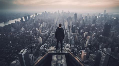 Premium Photo Man Standing On Top Of A Building Looking At The City Below