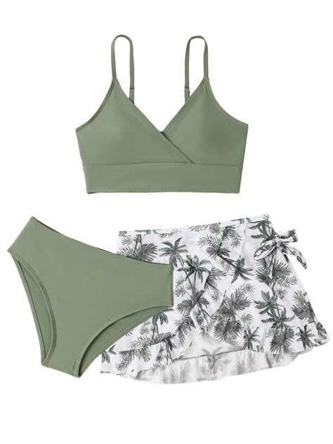 Iefiel Big Girls Bikini Set With Mesh Slit Cover Up Skirt Piece Swimsuit Pool Party Beach