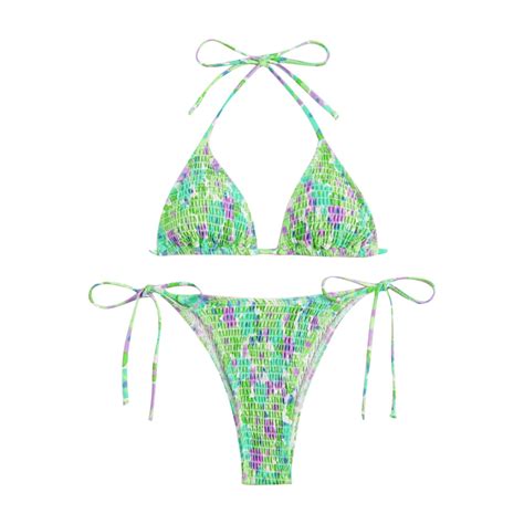Wyobmus Women S Triangle Bikini Set String Swimsuit Printed Tie Smocked Ruched Two Piece Bathing