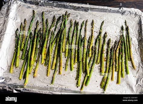 Roasted Asparagus Spears On A Foil Lined Sheet Pan Roasted Asparagus