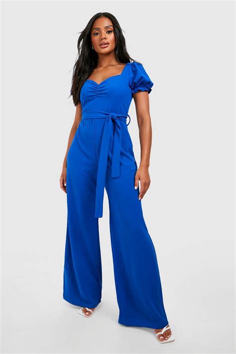 Puff Sleeve Tie Waist Wide Leg Jumpsuit Boohoo Uk