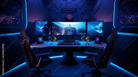 Futuristic gaming station setup, hyper - realistic, ultra - wide curved ...