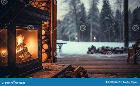 A Fireplace with Logs Burning in the Snow, AI Stock Photo - Image of ...