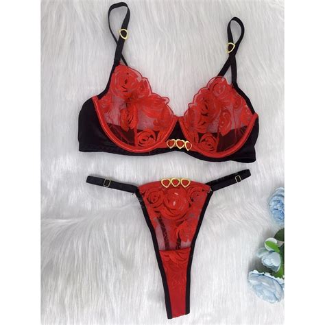 Bikini Fashion Embroidery Stitching Heart Comfortable Mesh Sexy Lingerie Sexy Two Piece Set