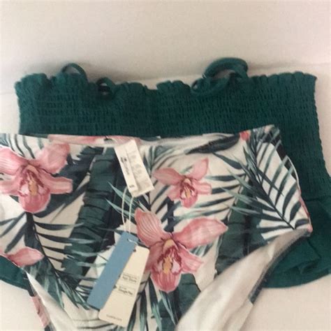 Cupshe Swim Cupshe Smocked Blue Leaves Print Bikini Sets Women Ruffle Highwaist Tankini Xxl