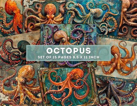 octopus collage paper nautical junk journal pages digital