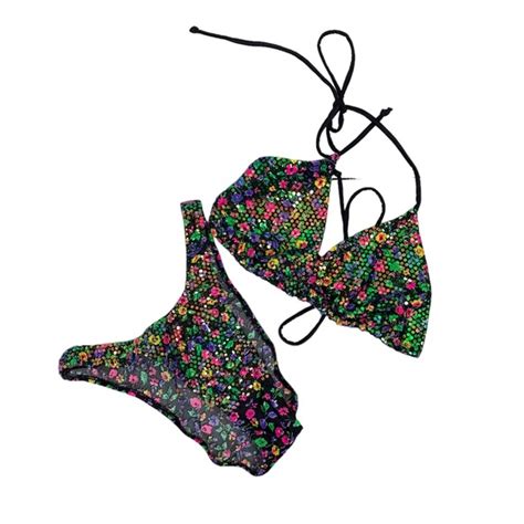 Vintage Swim Vintage High Cut Floral Bikini Set Sequin Embellished Size Large Poshmark