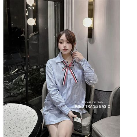 Áo Sơ Mi Thom Kẻ Xanh Dài Tay Nơ Cổ Dáng Thụng Vải Cotton Lụa Cao Cấp Áo Sơ Mi Nữ Hot Trend