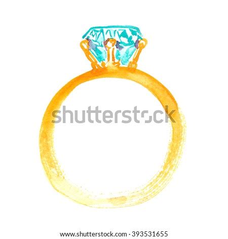 Golden Engagement Ring Diamond Painted Watercolor Stock Illustration