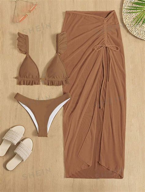SHEIN Swim Solid Bikini Set Frill Trim Top Cheeky Bottom Beach Skirt 3 Piece Bathing Suit