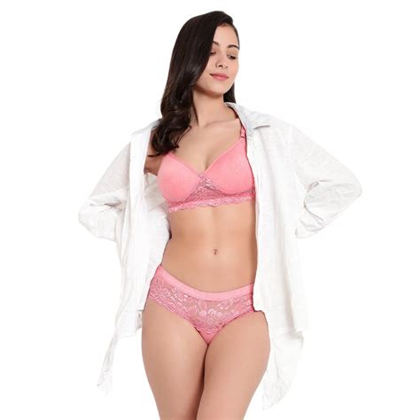 Polyester Women Pink Full Coverage Soft Padded Lace Lingerie Set At 145 Piece In New Delhi