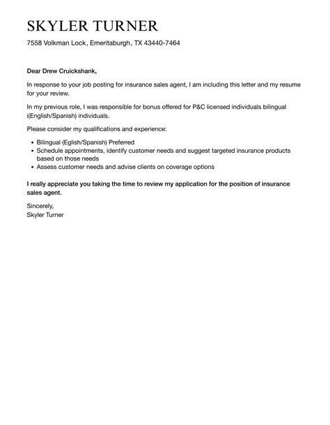 Insurance Sales Agent Cover Letter | Velvet Jobs