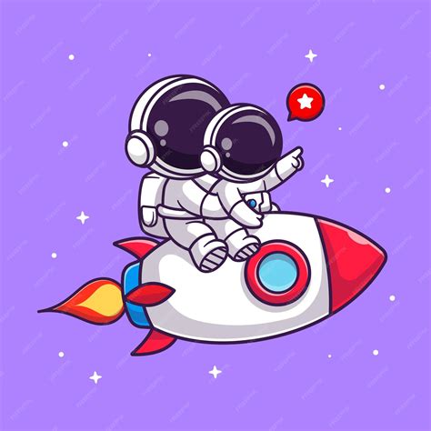 Cute astronaut riding rocket with baby astronaut in space cartoon