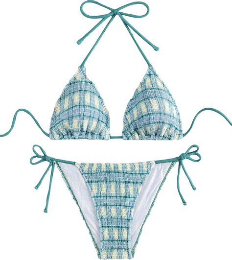 Amazon Beaudrm Women S Piece Plaid Stripe Pattern Bikini Halter Tie Side Triangle Set