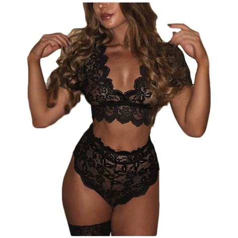 Femmes Sexy Dentelle Sous Vêtements Col V Soutien Gorge String À Manches Courtes Top Lingerie