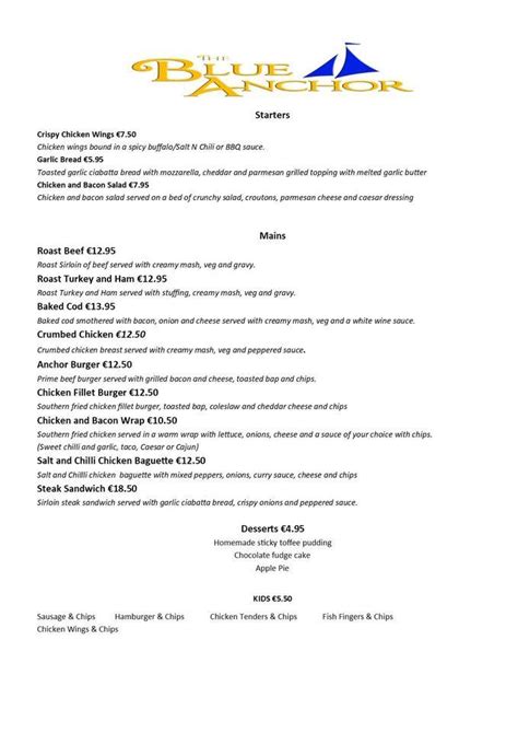 Menu at Blue Anchor pub & bar, Bellurgan Point