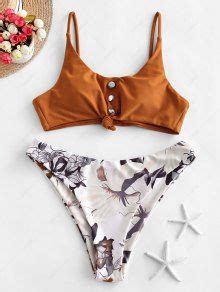 48 OFF 2021 ZAFUL Studded Knot Floral Bikini Swimsuit In RUST ZAFUL