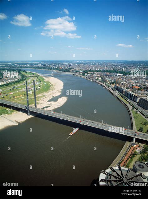 panoramic View from Rhine tower Rhine knee bridge town freighter river ...