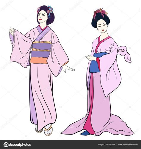 Jeunes Femmes En Kimono Traditionnel Japonais Dessin Isol St Stock