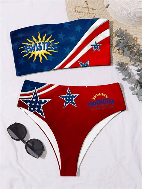 July Th Letter Print Drinking Bandeau Bikini Set