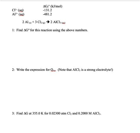 Solved 2Al s 3Cl2 g 2AlCl3 ag 1 Find ΔG for this Chegg