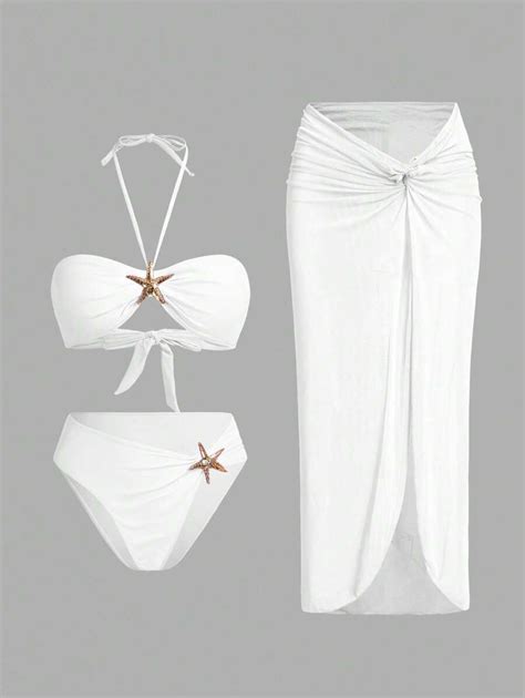 Swim Oasis Women S Solid Color Halter Tie Up Sexy Bikini Set With Cover Up Sarong Skirt For