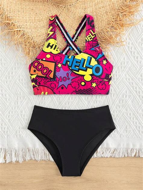 Tween Girl Letter Graphic Criss Cross Bikini Swimsuit Shein Uk