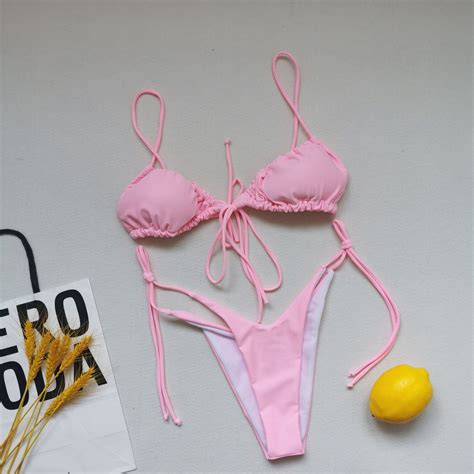 Sexy Ribbed Padded Brazilian Bikini Set With Side Ties Girl Sexy Swimwear And Swimsuit Price