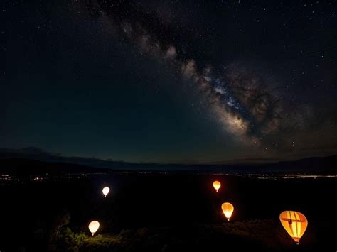 Premium AI Image Illustration Of Midnight Starry Sky With Galaxy And Glowing Hot Air Balloons