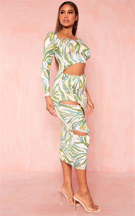 Green Abstract Slinky Multi Cut Out Midaxi Dress Prettylittlething Usa