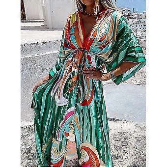 Sommar Maxi klänning för kvinnor Boho Print Bikini Cover Ups Beach Sundress Sexig blommig tunika