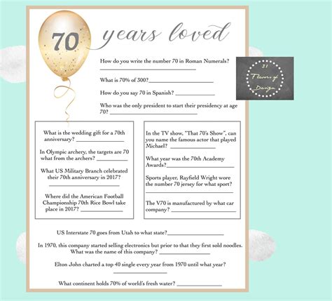 70th Birthday Trivia Game Instant Download Everything To Do With The