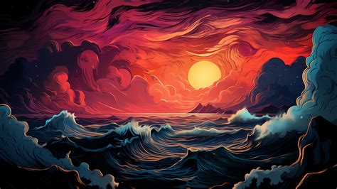 Surreal Ocean Sunset 4K Artistic Waves Wallpaper For PC Heroscreen