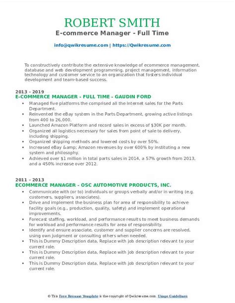 Ecommerce Manager Resume Samples Qwikresume