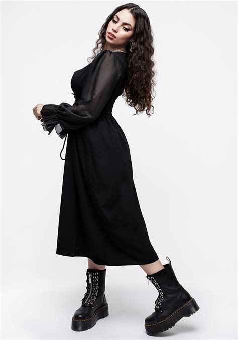 Banished Lace Up Sheer Sleeve Midi Dress Disturbia